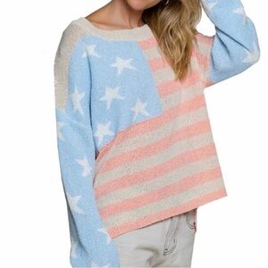 Lightweight American Flag Long Sleeve Sweater - Blue, Red, and Cream